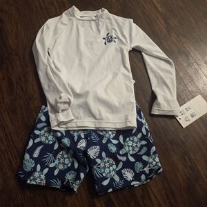 Turtle Print Kids Rashguard Set - White and Blue